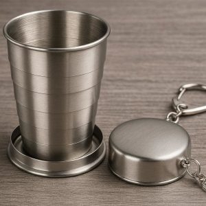 Telescopic Stainless Steel Travel Cup with Keychain Lid Portable Folding Metal Drinking Glass for Outdoor Camping Hiking Picnic Spirit Cup Silver