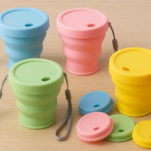 Set of 4 Collapsible Travel Cups with Lids and Lanyards Colorful Silicone Folding Drinking Cups for Kids School Camping Outdoor Activities Multi