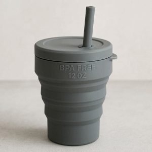 Heavy Duty Collapsible Silicone Camping Cup with Straw and Lid 12oz Portable Travel Tumbler for Cold Drinks Smoothies Iced Coffee BPA Free