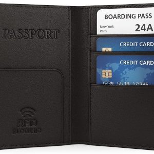 RFID Blocking Leather Passport Holder Cover with Credit Card Slots Slim Travel Wallet for Men and Women Boarding Pass Organizer Case Black
