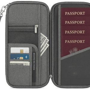 Family Passport Holder Organizer Case for 4 Passports Large Travel Wallet with Zipper Closure and Wrist Strap Waterproof Fabric Gray Color