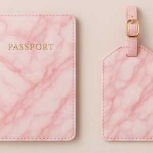 Cute Passport Holder and Luggage Tag Set for Women Travel Accessories with Marble Pattern Passport Cover and Matching Bag Label Pink Design