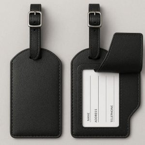 Premium Leather Luggage Tags with Privacy Cover Set of 2 Luxury Suitcase Labels with Adjustable Buckle Straps for Business Travel Black