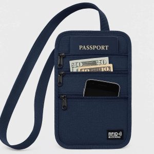 Crossbody Passport Holder Bag with RFID Blocking Small Travel Neck Pouch for Passport Cash and Smartphone Security for Men and Women Navy