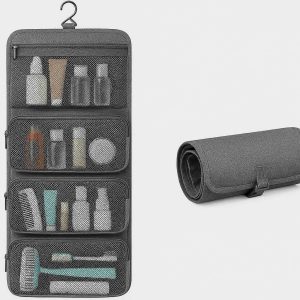 Roll Up Toiletry Bag for Travel 4 Detachable Mesh Pouches for Cosmetics and Toiletries Space Saving Hanging Organizer for Suitcase Gray