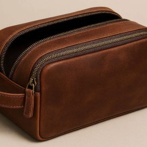 Leather Dopp Kit for Men Premium Toiletry Bag for Shaving and Grooming Large Capacity Travel Bag with Double Zipper Wide Opening Brown