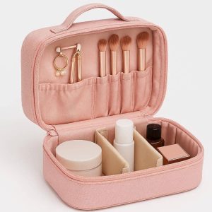 Compact Travel Toiletry Bag for Women Small Cosmetic Pouch with Dividers and Brush Slots Portable Makeup Organizer with Top Handle Pink