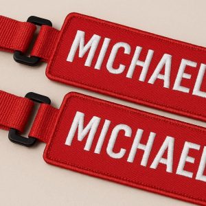 Personalized Embroidered Luggage Tags with Velcro Straps Set of 2 Heavy Duty Fabric Bag Labels for Duffel Bags and Backpacks Red Design