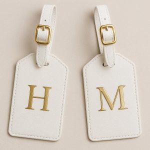 Luxury Monogram Luggage Tags with Gold Buckles Set of 2 Premium Faux Leather Suitcase Labels for Honeymoon Couples and Anniversary Gifts White